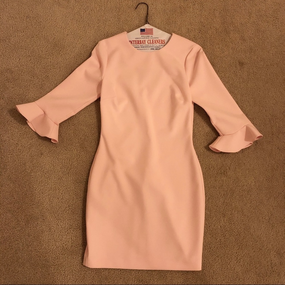 Likely 3/4 sleeve with ruffle blush pink dress
